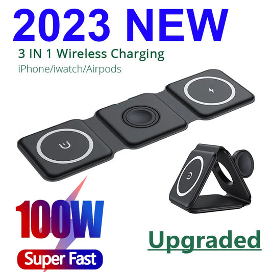 100W 3 in 1 Magnetic Wireless Charger Pad Stand / Fast Wireless Charging Dock Station