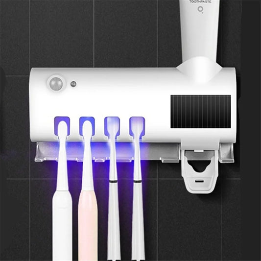 Solar Energy UV Sanitizer Toothbrush Holder + Toothpaste Squeezer Wall-mounted